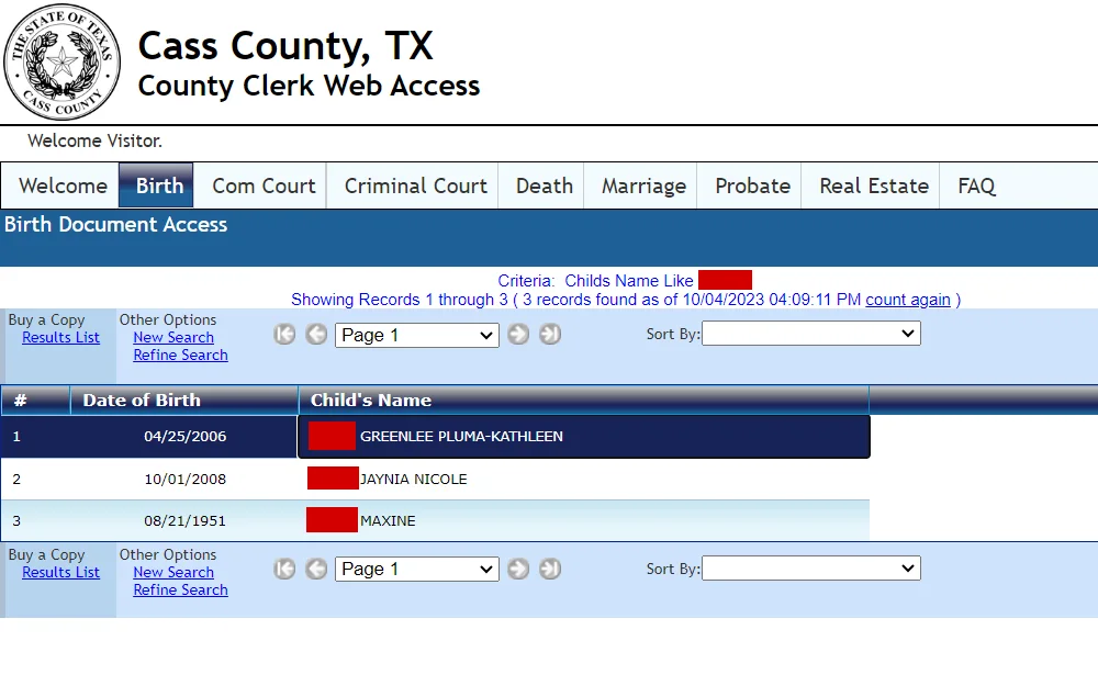 A screenshot of the Birth Document Access page on the Cass County Clerk website displays a list of birth information, including the child's name and date of birth (DOB).