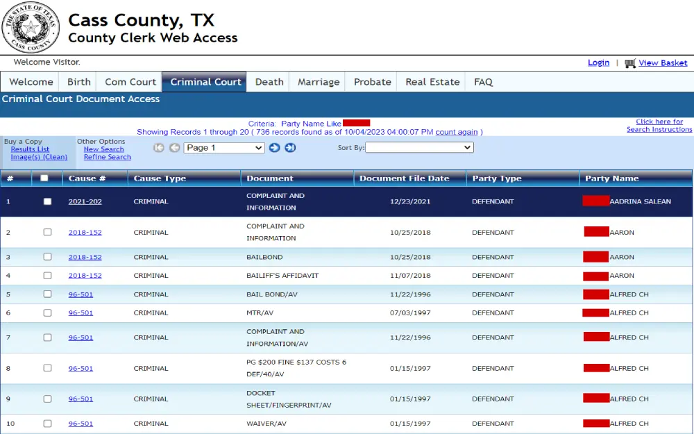 A screenshot of the list of criminal cases from the Cass County Clerk Web Access Page that displays relevant information such as case number, type, document file date, party type, and party name; a link to the case number is provided for further details.