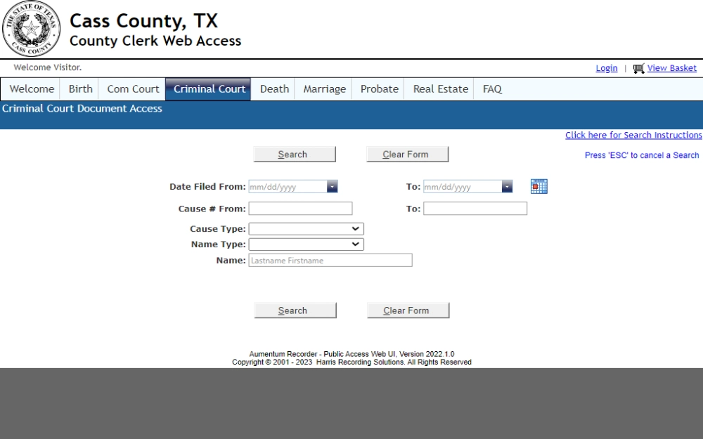 A screenshot of the Cass County Criminal Court Document Access requires users to input information such as case no., case type, name type, name, and date filed to search.