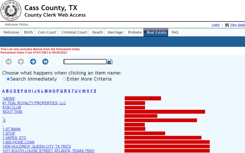 A screenshot of the Cass County Clerk Web Access page displays information about grantees, including their names and property addresses.