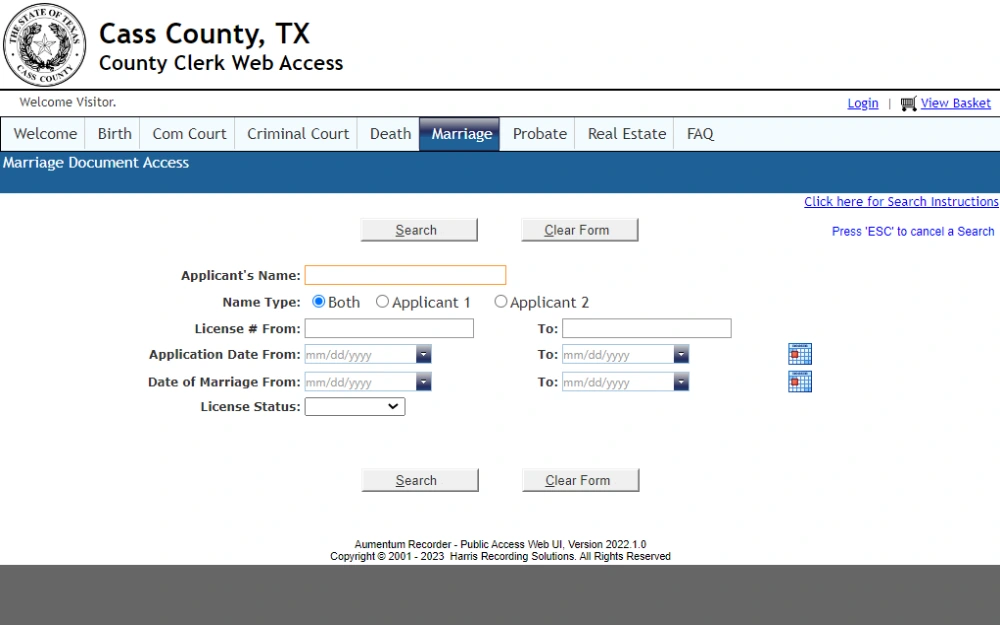 A screenshot of the Marriage Document Access page from the Cass County Clerk website requires searchers to input the applicant's name, select name type (Applicant 1,/Applicant 2/Both) and can include the license no. and status, date of marriage for a more precise search. 