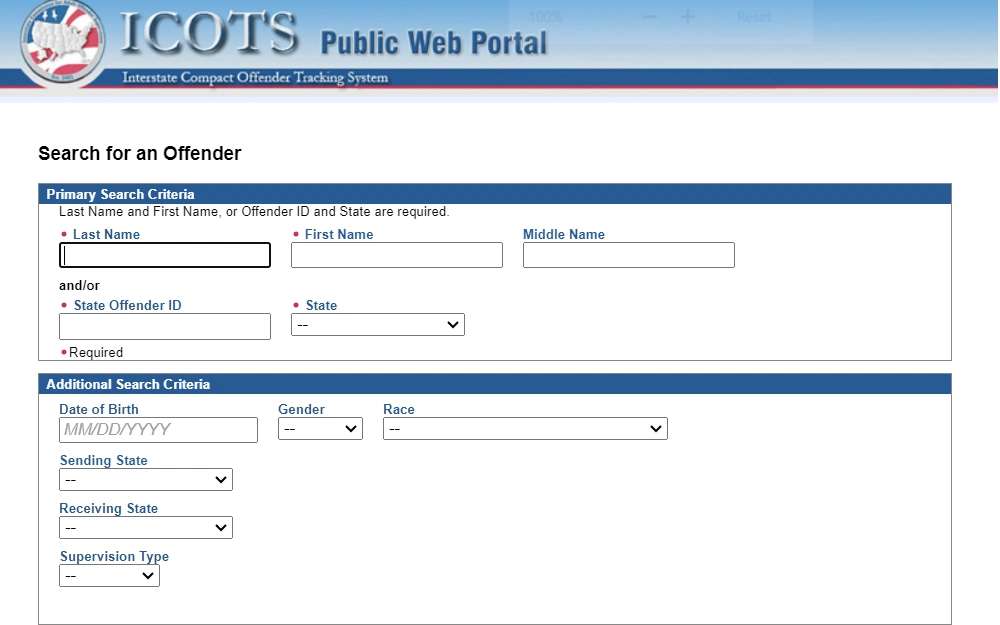 A screenshot of the Intestate Compact Offender Tracking System (ICOTS) Public Web Portal users must enter the Subject's full name and/or State Offender ID and State in the primary search criteria fields; for a more precise search, searchers must complete the additional search criteria. 