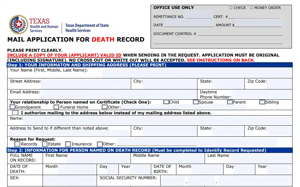 A screenshot of the Mail Application for Death Record Form, where the requester must complete the steps to request a document to the Texas Department of State Health Services: Step 1 - Information and shipping address and Step 2 - Information for the person named on the death document.