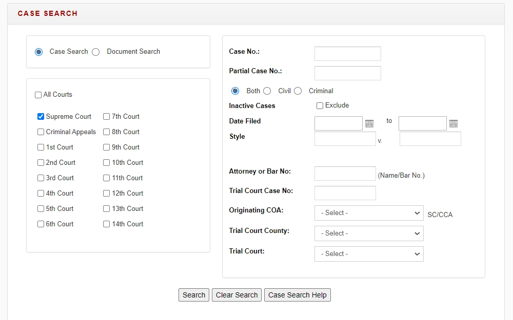 A screenshot from the Texas Judicial Branch website shows the case search page requires users to input various details such as the case number or partial case number, type of case (Civil/Criminal/Both), date filed, attorney name or bar number, and more; users have the option to select which courts the search will be conducted in.