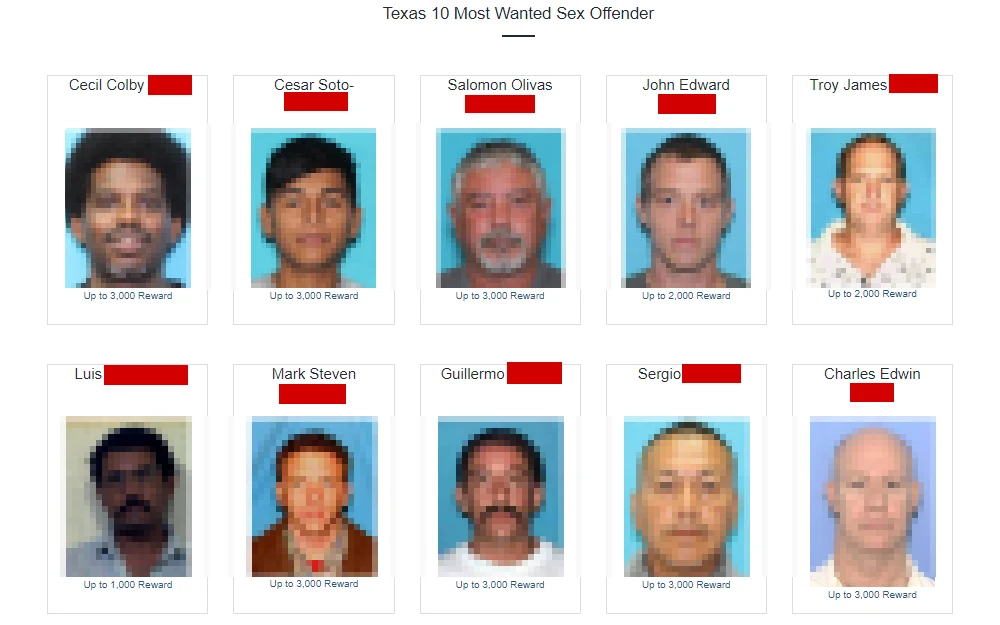 A screenshot of the Top 10 Most Wanted Sex Offender list from the Texas Department of Public Safety website with their full names, mugshots and rewards for the arrest.