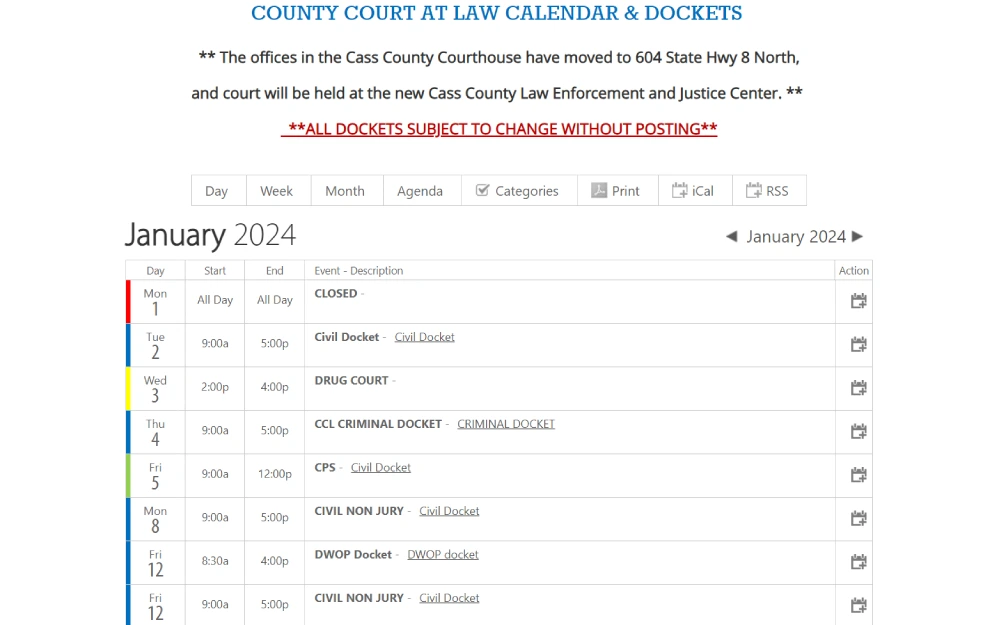 A schedule showing various court proceedings for a county court of law, listing dates and times for civil cases, drug court sessions, and criminal dockets, with a notice that court activities have relocated to a new law enforcement and justice center and a warning that dockets may change without a prior update.