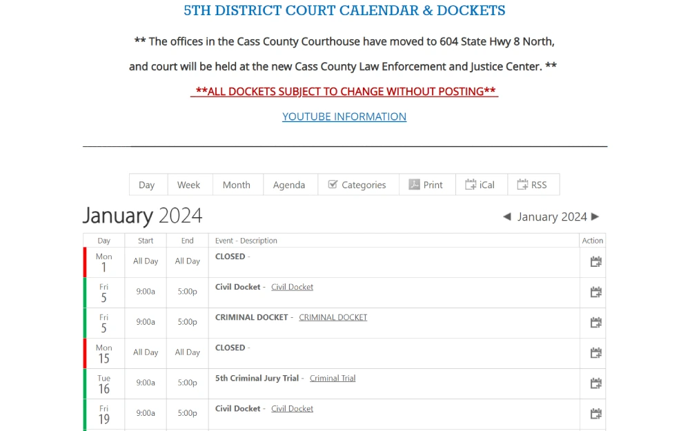 A screenshot of the 5th District Court's calendar and dockets, indicating the schedule of court events, including civil and criminal dockets and trial dates, with a clear notice that the location has been moved and a disclaimer stating that all dockets are subject to change without notice.