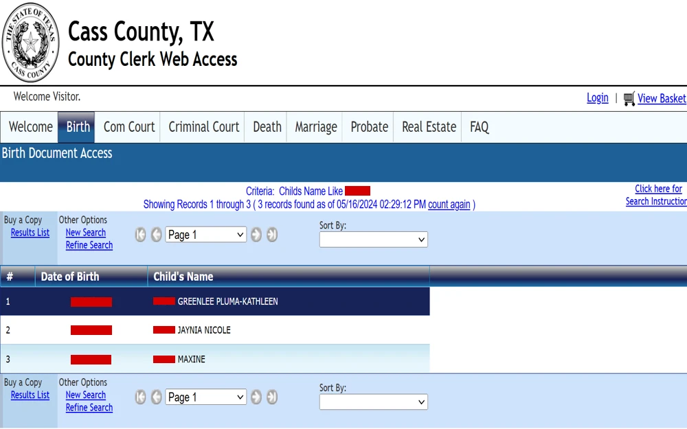 A screenshot of the Birth Document Access page on the Cass County Clerk website displays a list of birth information, including the child's name and date of birth (DOB).