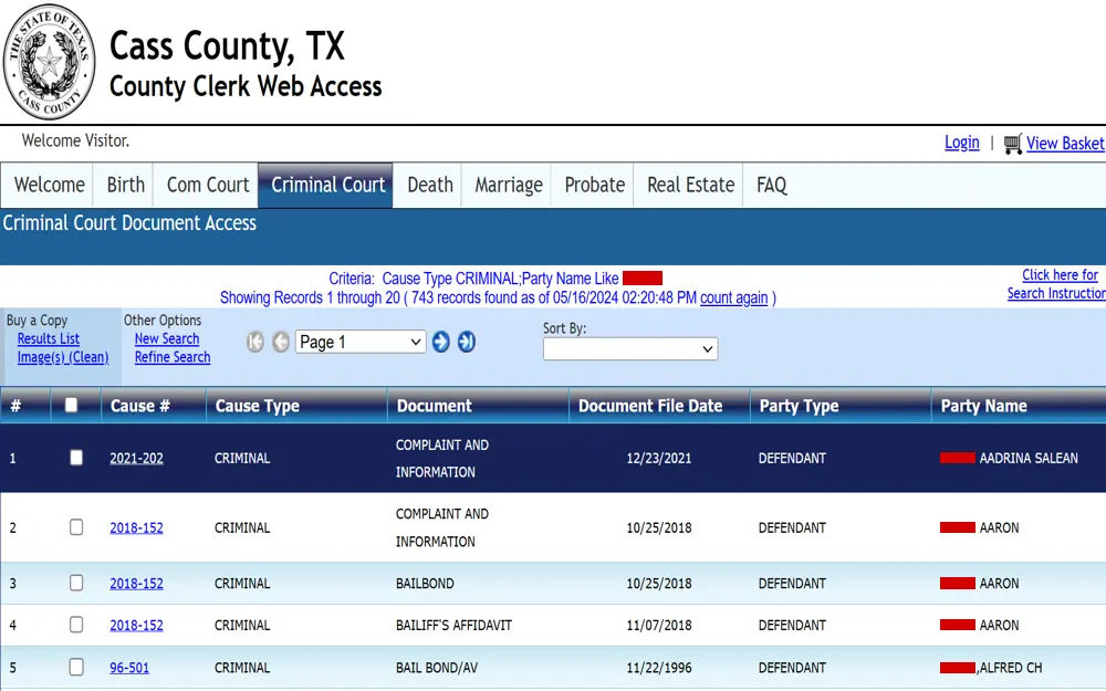 A screenshot of the list of criminal cases from the Cass County Clerk Web Access Page that displays relevant information such as case number, type, document file date, party type, and party name; a link to the case number is provided for further details.